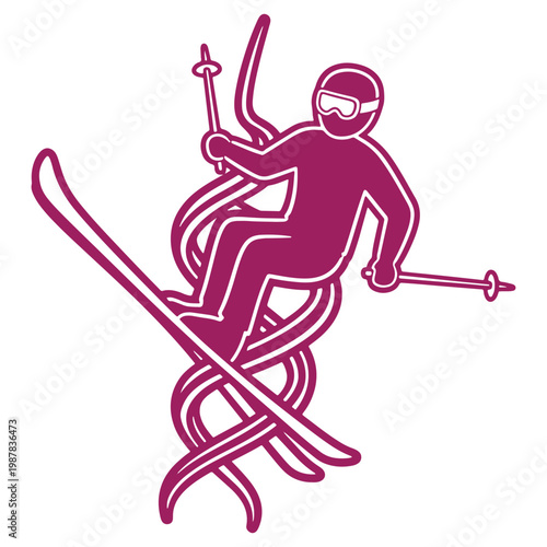 Illustrated skier in dynamic pose with skis and poles isolated on a white background