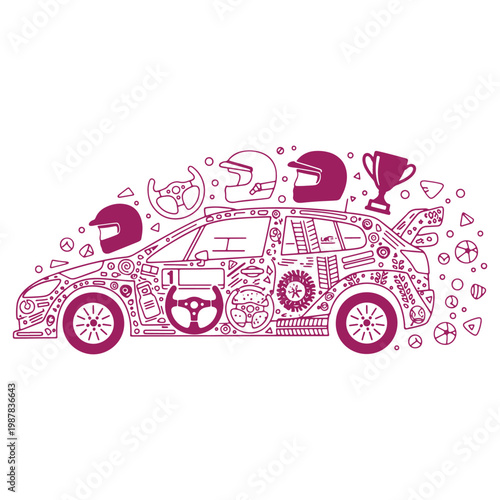 Illustrative car design with racing elements and trophies isolated on a white background