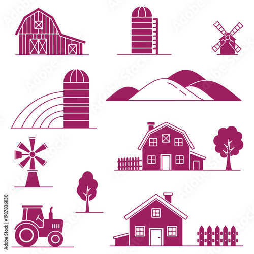 Rustic Farm Icons Collection Featuring Barns Silos Windmills and Farmhouses