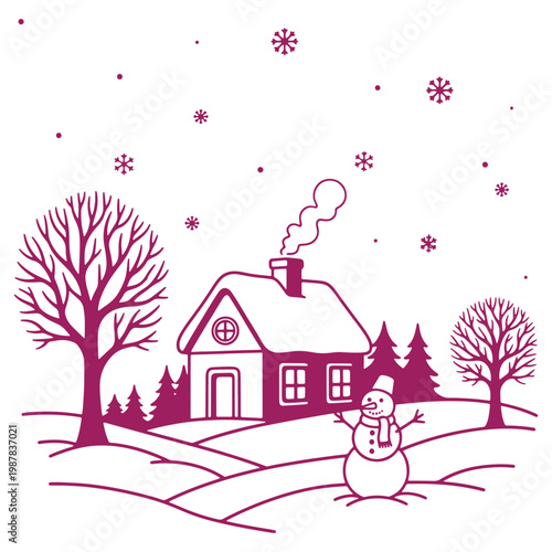 Winter landscape with cozy house and snowman snowy scene with trees and falling snow
