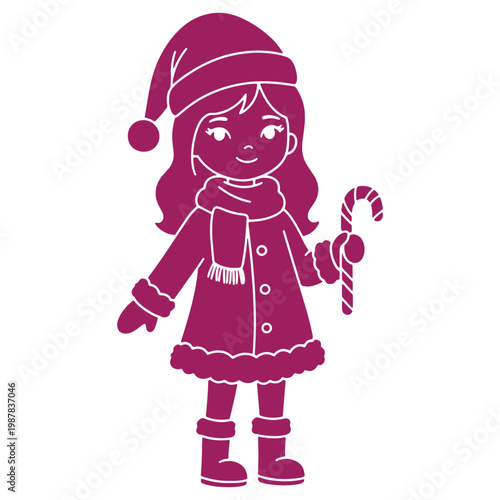 Young girl dressed in winter attire holding a candy cane festive holiday illustration