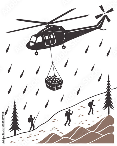 Helicopter delivering relief packages to hikers on mountainous terrain during rescue operation during a flood, with trees and rain depicted in a stylized illustration format