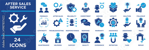 after sales service icon collection set. Containing support, maintenance, warranty, repair, assistance, follow up, retention, loyalty. dualtone