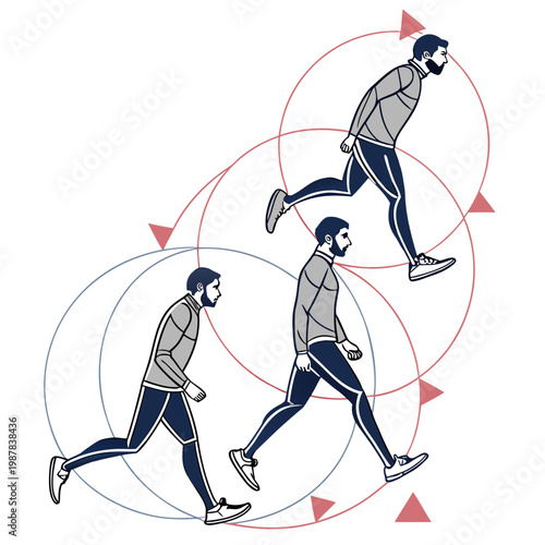 Detailed illustration of a male runner in various stages of a running gait cycle with circular motion paths and directional arrows for analysis use.