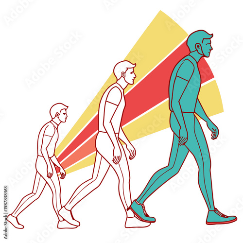Progression of human evolution from ape to modern man depicting forward movement and growth with colorful backdrop representing progress and development through stages of life.