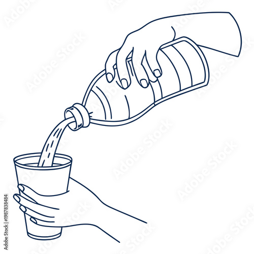 Hand pouring liquid from bottle into cup held by another hand, concept of serving, sharing, or measurement with dark blue lines.