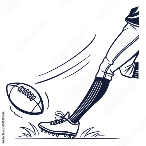 American football kicker leg with cleat hitting ball on green grass field in vintage line art style showing action and sport competition atmosphere.