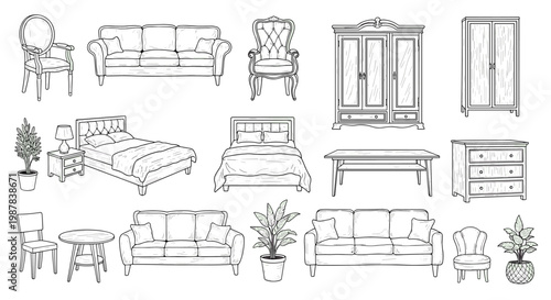 Large collection of hand drawn furniture sketches including sofas beds chairs tables and cabinets for interior design concept planning.