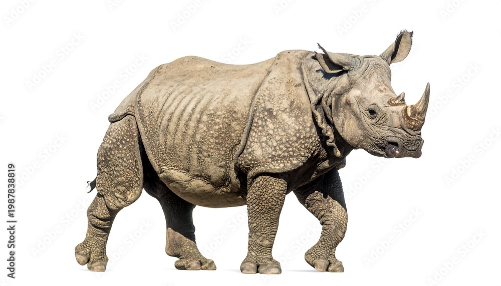 Fototapeta premium An imposing, gray, thick-skinned mammal, horn prominent, walking with a determined stride, isolated on white background