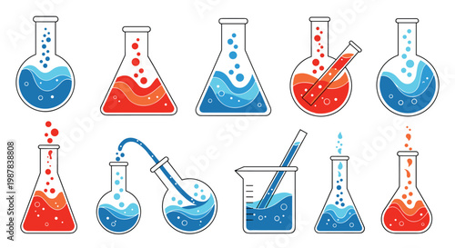 Set of laboratory glassware icons filled with blue and orange bubbling liquids used for scientific research and chemistry experiments.