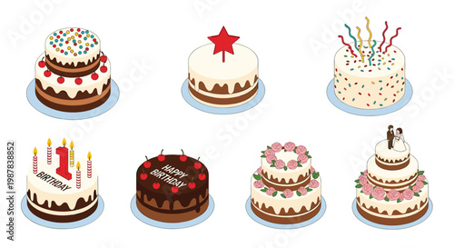 Assorted collection of delicious birthday and wedding cakes decorated with fruits candles roses and toppers shown in an isometric view.