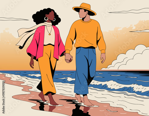 Mature couple walking along the beach at sunset, holding hands, wearing casual clothing, with waves gently lapping at their feet and a colorful sky in the background