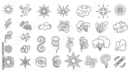 Dynamic smoke clouds and spark effects are illustrated in black outline style for comic books animation and graphic design assets.