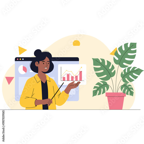 A woman in a yellow apron inspects a large industrial machine in a factory setting. Vector