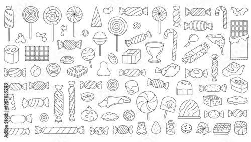 Assorted sweet treats including lollipops chocolates and hard candies are drawn in detailed outline for confectionery shop themes.