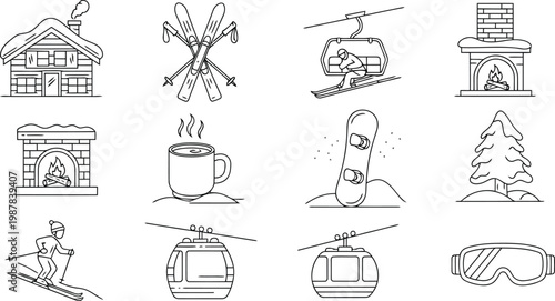Collection of winter sports and cozy cabin icons including cabin skis ski lift fireplace coffee snowboard tree skier and goggles