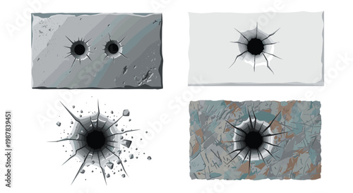 Set of realistic bullet holes in different surfaces like concrete and stone with cracks and debris representing damage from gunshots.