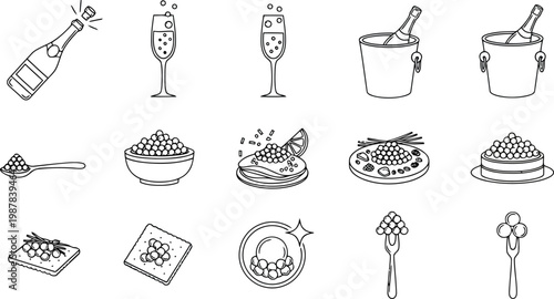 Collection of line art icons depicting celebratory drinks and luxurious caviar presentations for gourmet dining and special occasions