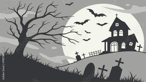 Spooky graveyard at night with haunted house and bats flying across full moon vector illustration.