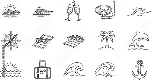 Collection of clean line art icons representing various summer vacation and travel related themes including boats waves and leisure activities