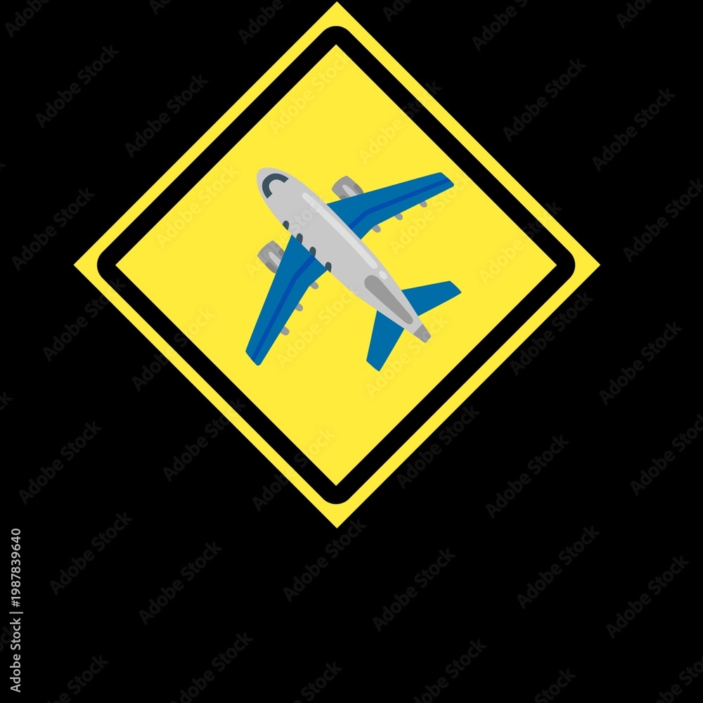 Fototapeta premium Vector illustration of a yellow rhombus-shaped traffic warning sign with a modern airplane icon in the center. This image shows the airport area warning, tar plane zone,airplane warning sign
