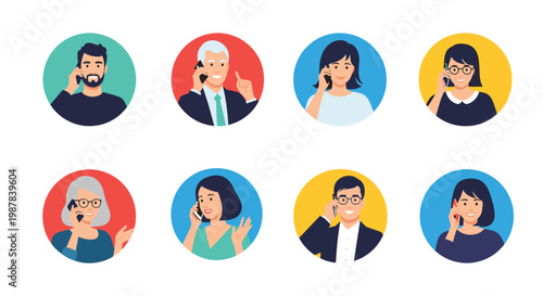 Collection of diverse people in circular avatars talking on their mobile phones with various expressions and gestures for user profiles.
