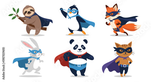 Group of cute animals dressed in superhero costumes with capes and masks including a sloth penguin panda cat bunny and fox characters.