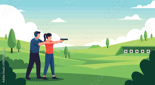 Female student practicing at a shooting range with a handgun under the supervision of a professional male instructor outdoors.