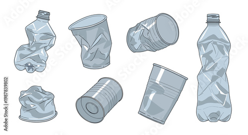 Set of crumpled and crushed plastic bottles, cups, and a tin can illustrating the importance of recycling and waste reduction.