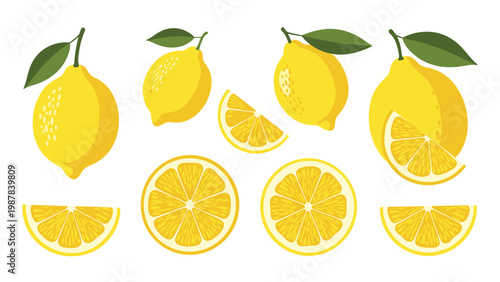 Fresh yellow lemons shown whole and in slices with green leaves emphasize vitamin c and refreshing citrus flavors for food themes.