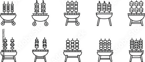Collection of Outline Icons Representing Barbecue Grills with Various Skewered Foods Cooking on Top