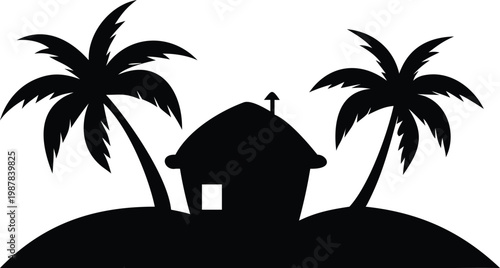 Tropical island silhouette with hut and palm trees beach landscape vector illustration exotic icon.