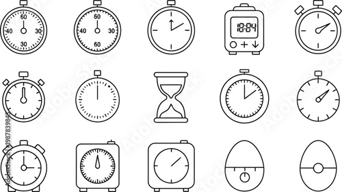Collection of different timer icons including stopwatches hourglass and alarm clocks with simple line art design