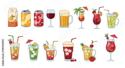 Diverse collection of drink illustrations including fruit juice, soda cans, wine, beer, and colorful tropical cocktails with garnishes.