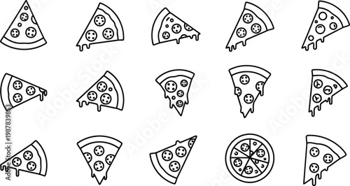 A collection of stylized outline pizza slices and one whole pizza showing melted cheese and pepperoni toppings isolated on a transparent background