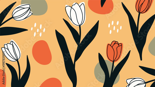 Vibrant floral pattern featuring hand drawn white and orange tulips among abstract organic shapes on a warm orange backdrop.