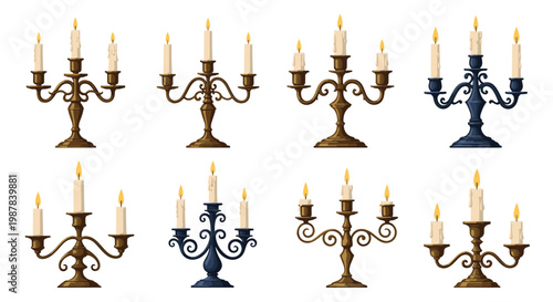 Selection of elegant candelabras and candle holders with lit wax candles featuring various vintage and classic metal designs.