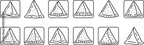 Collection of cartoonish triangular samosa food icons with different fillings and crust variations isolated on transparent background