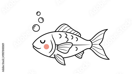 Cute hand drawn black and white illustration of a sleeping fish with a pink cheek swimming under the water with bubbles.