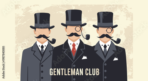 Vintage gentleman club illustration featuring three faceless men in top hats and suits with pipes and monocles on aged paper.
