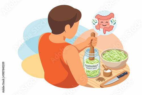 Man preparing fermented sauerkraut for probiotic gut health boost
