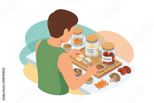 Man preparing medicinal mushroom supplements for biohacking wellness