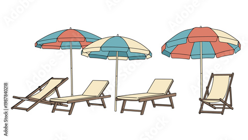 Summer vacation scene featuring three colorful beach umbrellas and matching wooden lounge chairs on a white background.