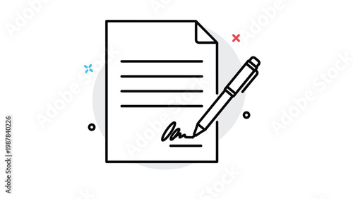 Paper document with a pen and signature on a grey circular background represents business contracts and legal formalities.