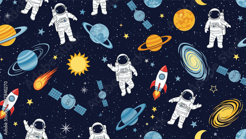 Seamless space pattern includes brave astronauts shining planets distant stars and rockets exploring the vast mysterious galaxy.