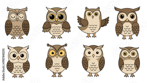 Group of cute cartoon owls with different expressions and brown feathers represents wisdom and forest wildlife in a flat style.