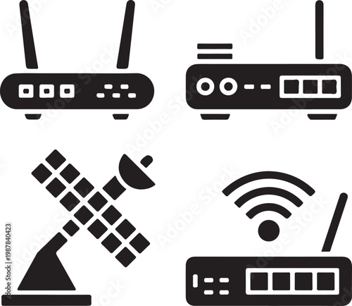 Network communication icon set wifi router satellite internet technology silhouette