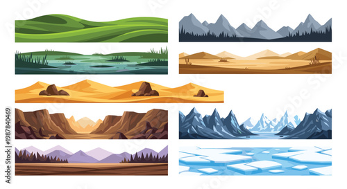 Diverse collection of side-scrolling landscape banners featuring green hills, sandy deserts, rocky canyons, and icy regions.
