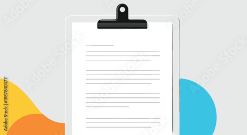 Clipboard with a blank document placed against a modern background with orange and blue abstract shapes for office work.