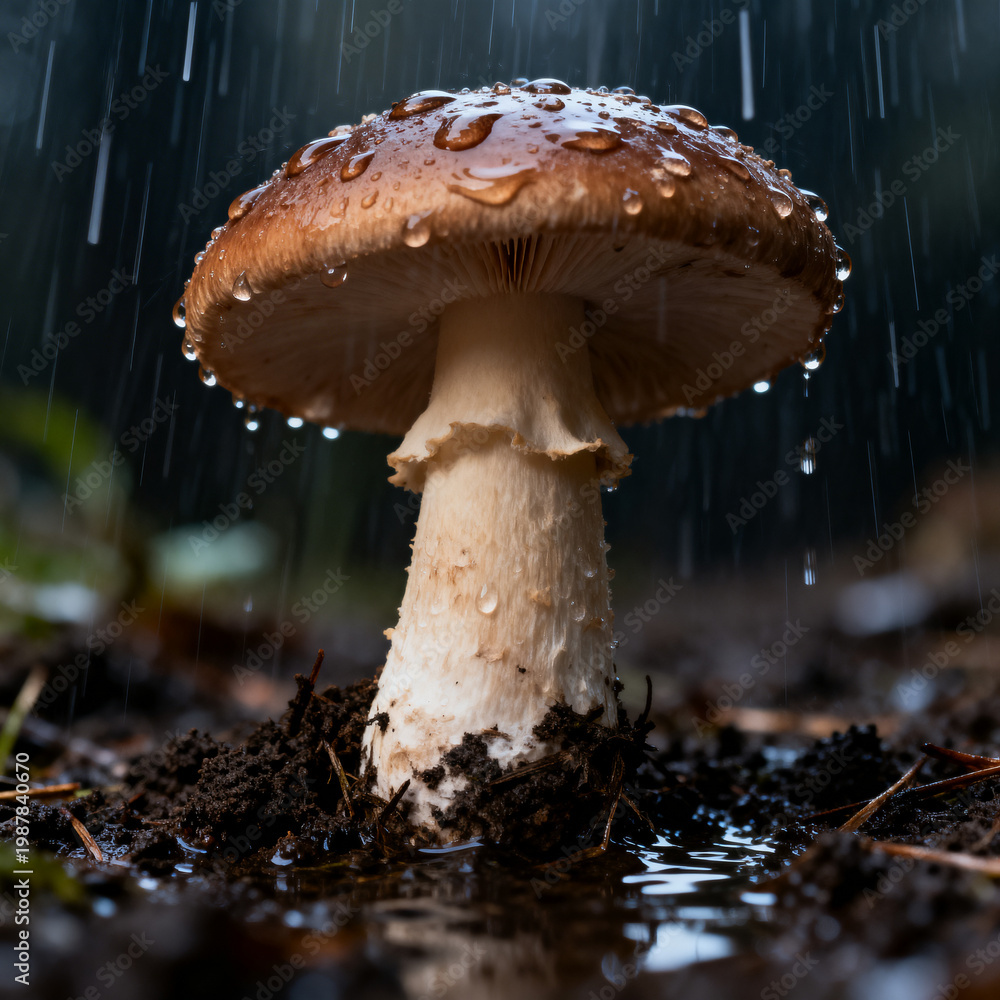 Fototapeta premium Detailed Macro of a Wild Mushroom in Rainy Weather with Dramatic Lighting